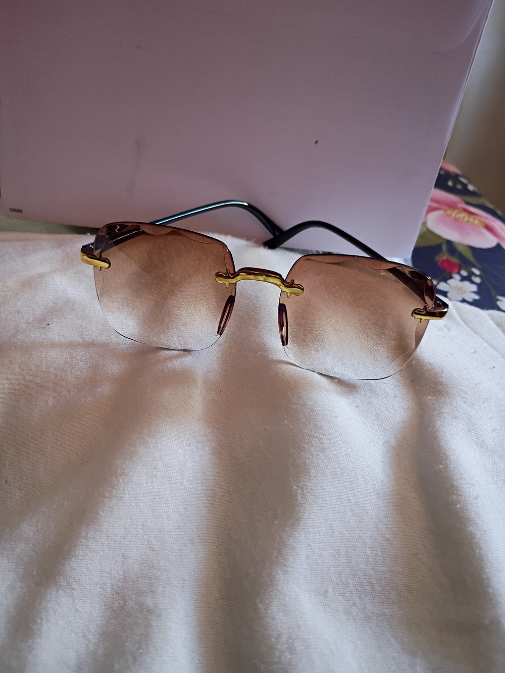 Rimless Brown Gradient Women's Sunglasses with Gold Bridge